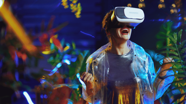A girl is wearing a Metaverse VR and enjoying the virtual world.